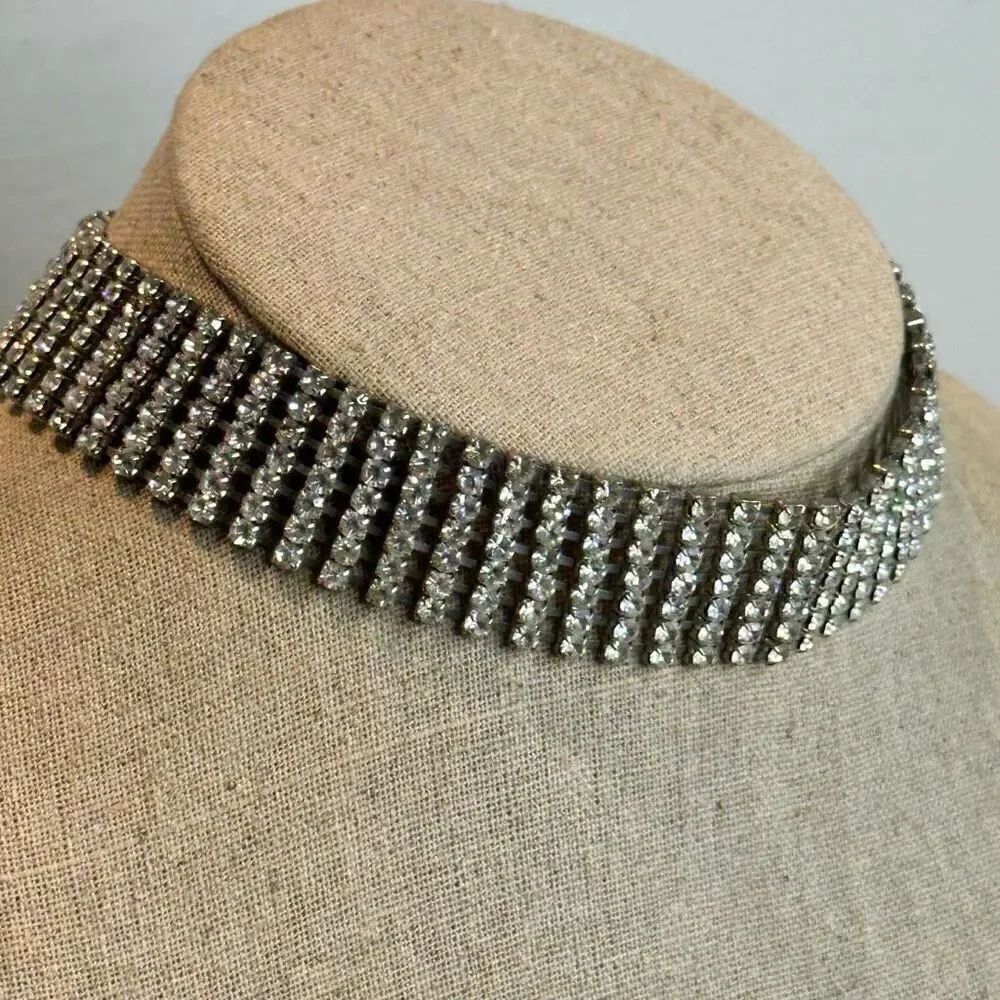 Vintage Seven Row Rhinestone Gatsby Adjustable Clasp Silver Tone Choker Necklace